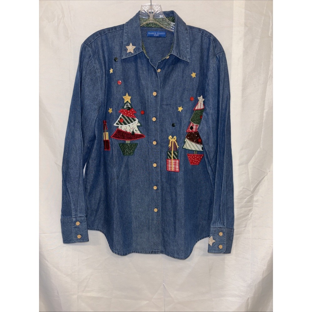 Vintage Karen Scott Sport Blue Denim Holiday Button-Down Shirt Size Medium